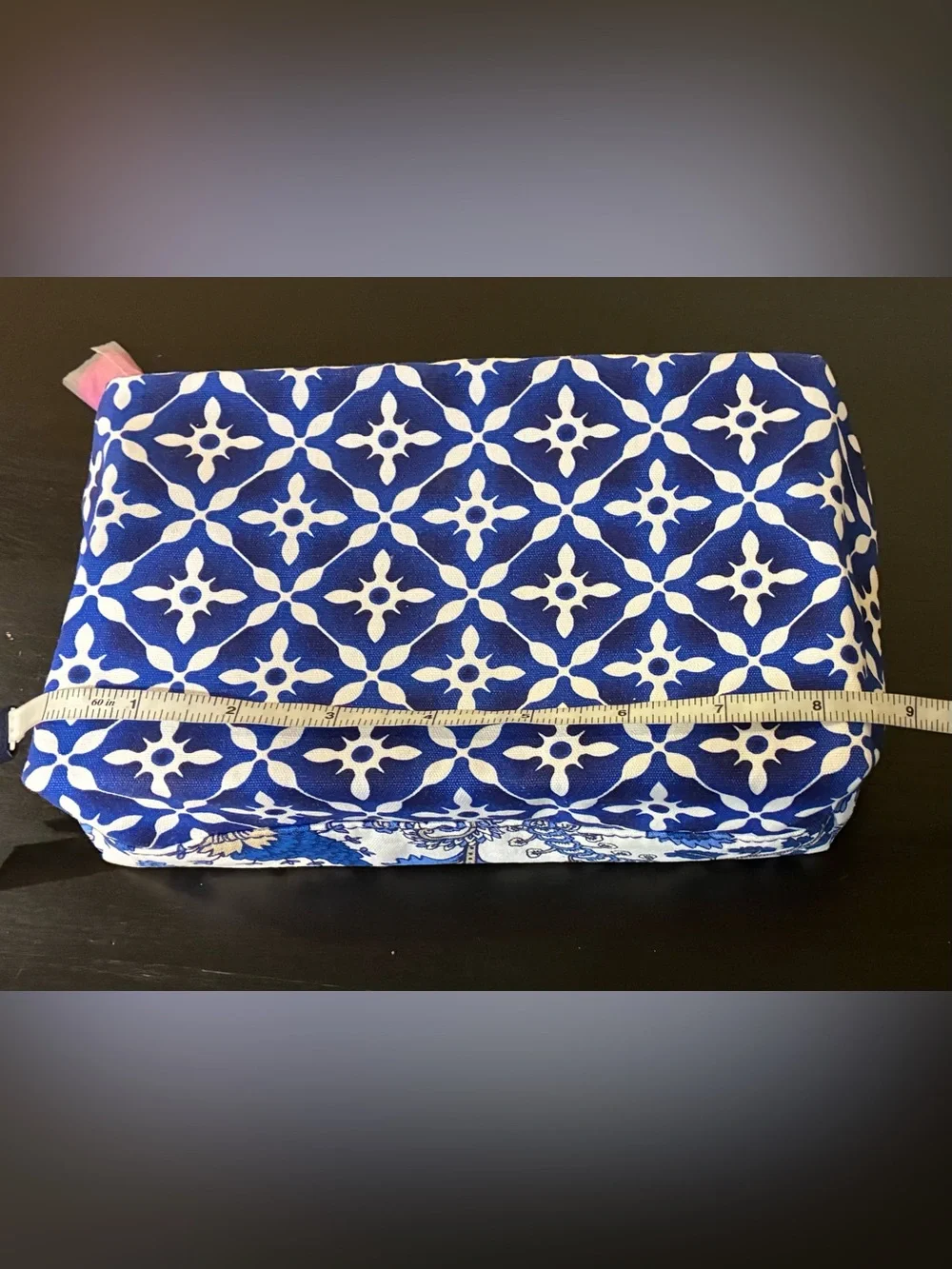 Estée Lauder Make Up Bag Zip Top Blue White Floral & Geometric NWOT